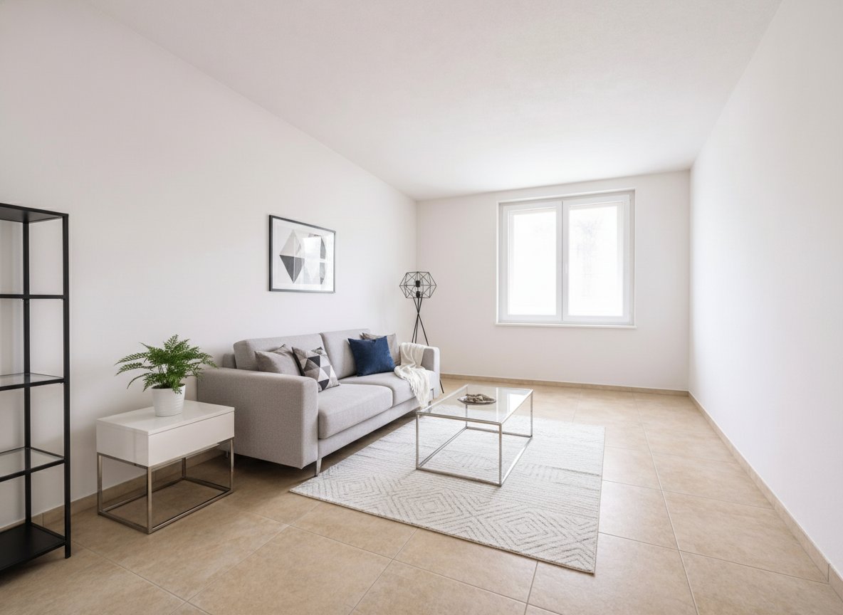 Helles Wohnzimmer mit großflächigen Fenstern und offener Raumgestaltung