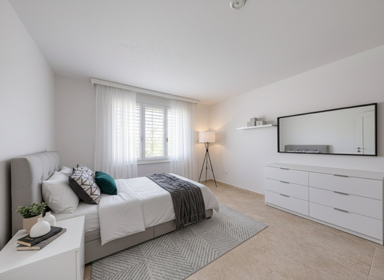 Helles Schlafzimmer mit bodentiefen Fenstern und optimaler Raumaufteilung