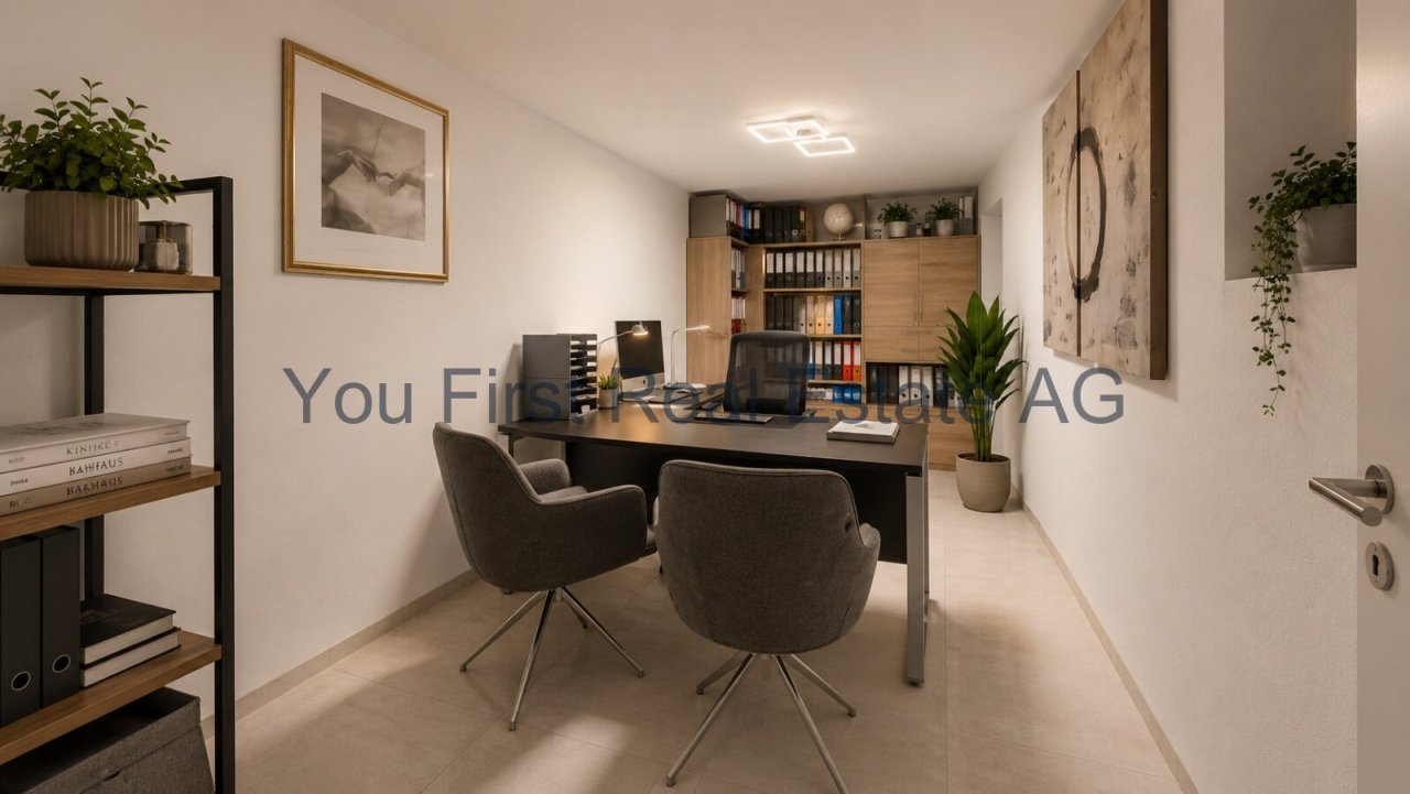 Modernes Homeoffice mit integrierter Bibliothek und optimaler Arbeitsatmosphäre
