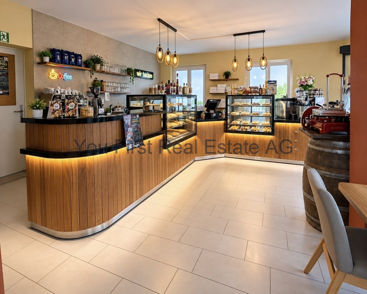 Professionelle Café-Ausstattung mit ergonomischer Theken- und Verkaufsflächengestaltung