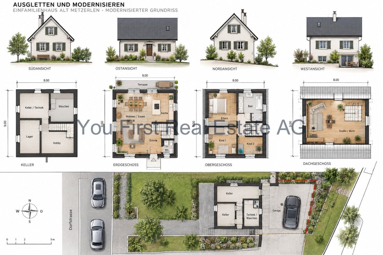 Grundriss mit optimaler Raumverteilung über vier Ebenen