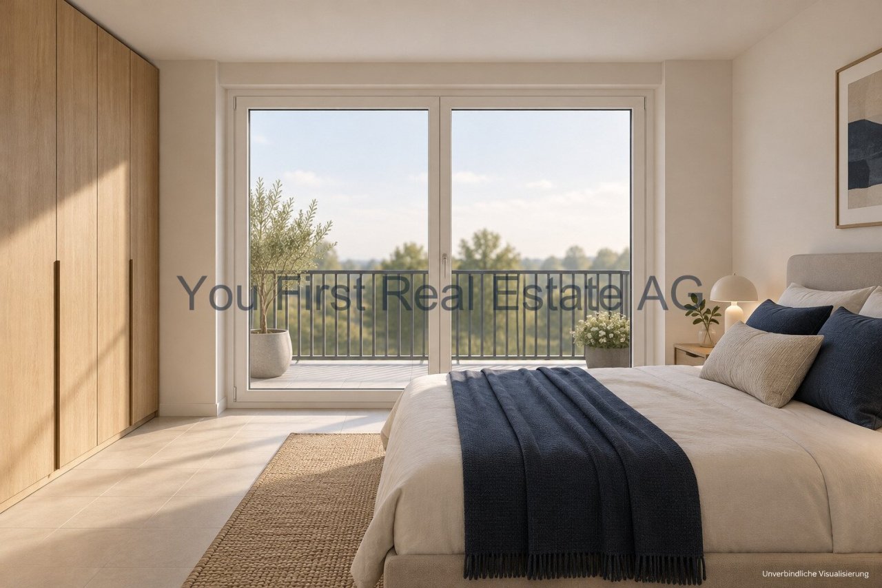 Hauptschlafzimmer mit direktem Balkonzugang und Panoramafenster