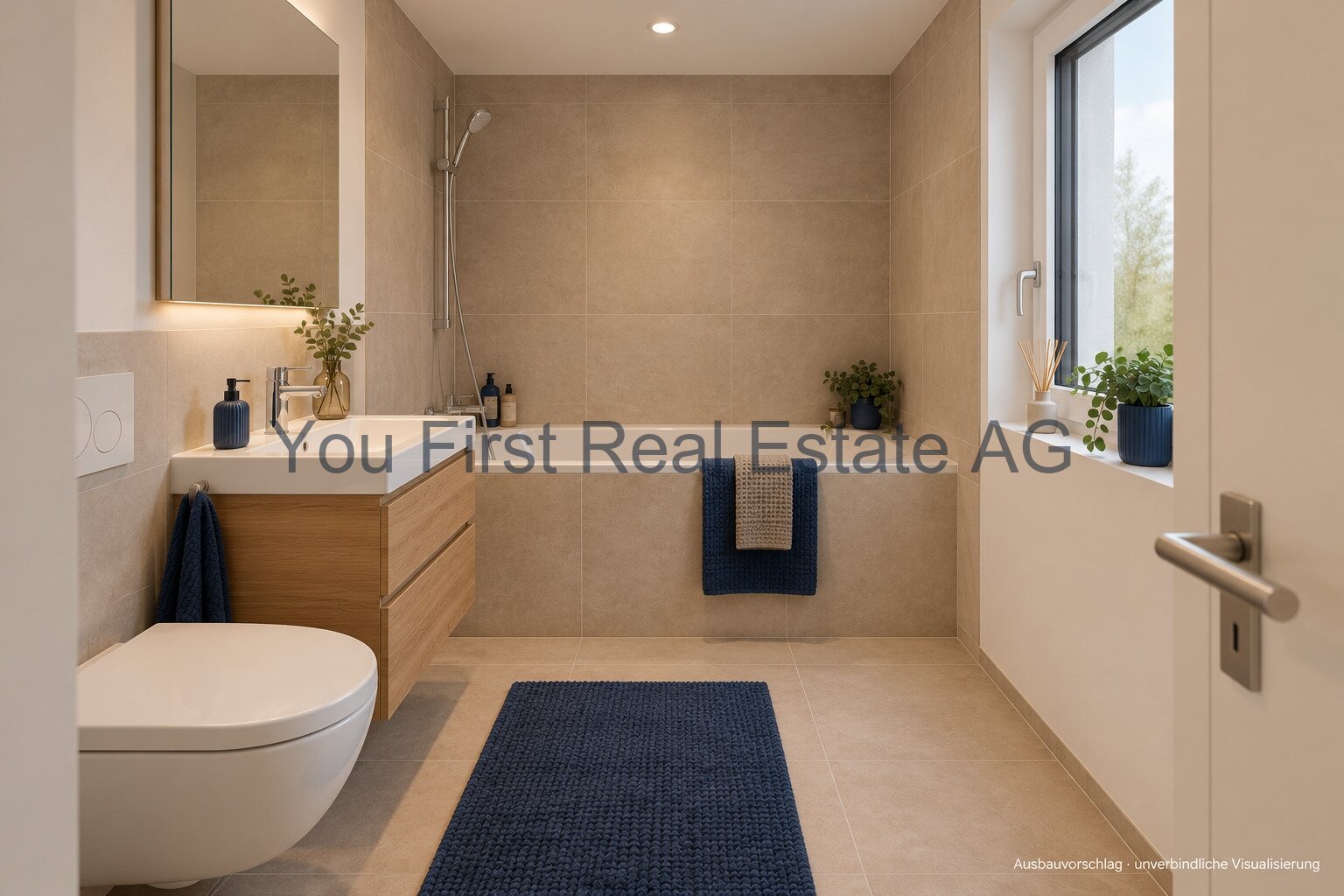Modernes Badezimmer mit begehbarer Dusche und Fensterblick