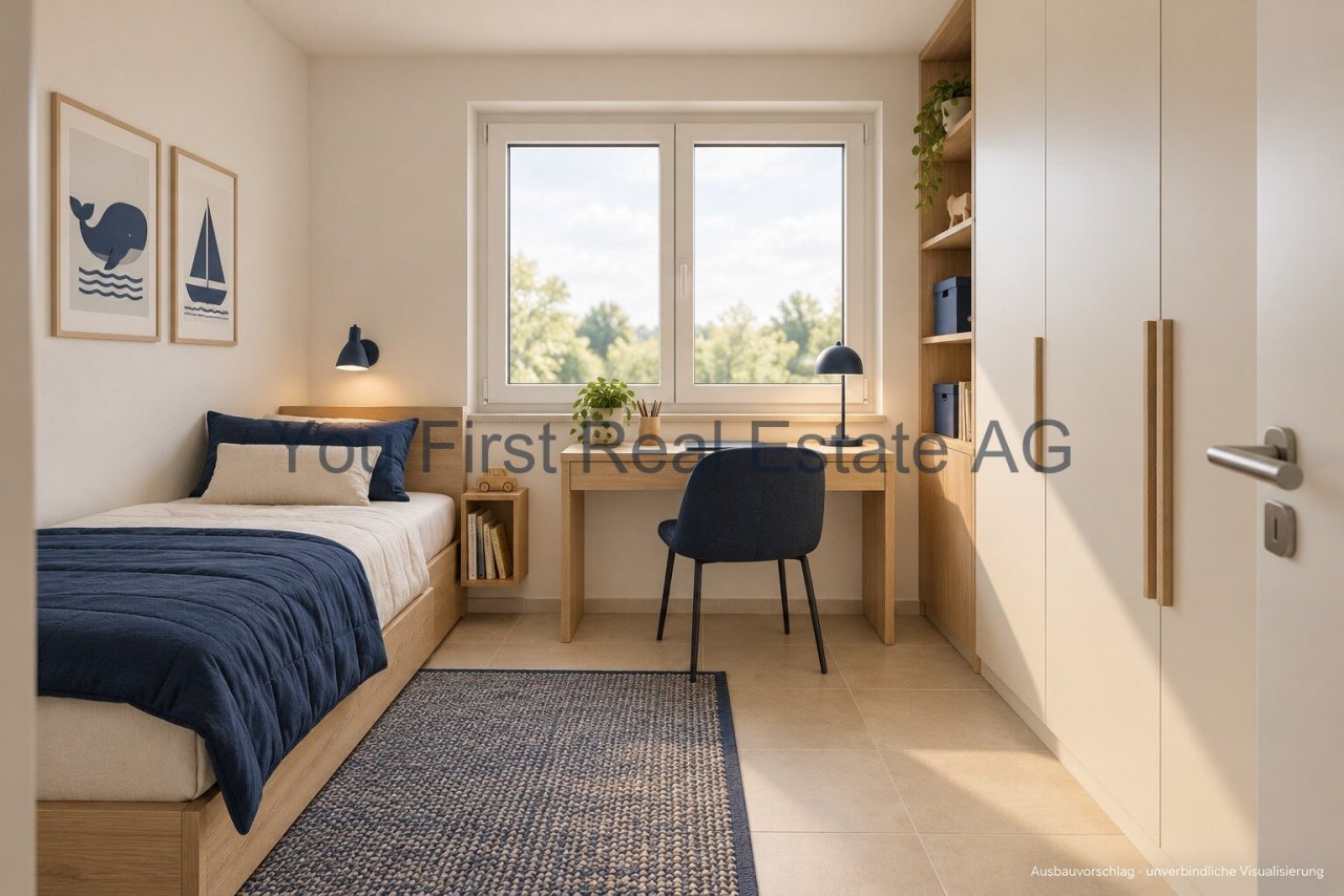 Jugendliches Zimmer mit Arbeitsplatz und Panoramafenster