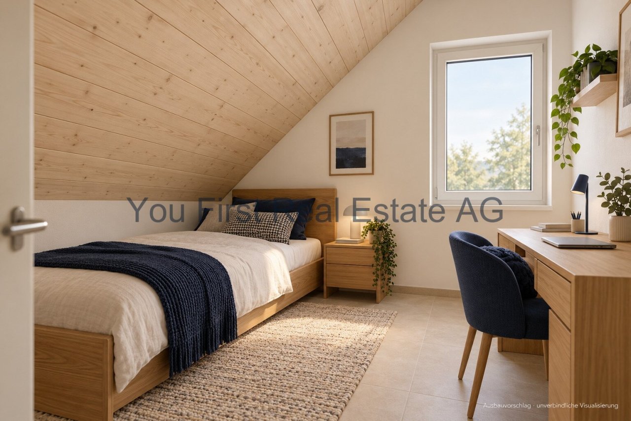 Dachgeschoss-Schlafzimmer mit Holzdecke und integriertem Arbeitsbereich