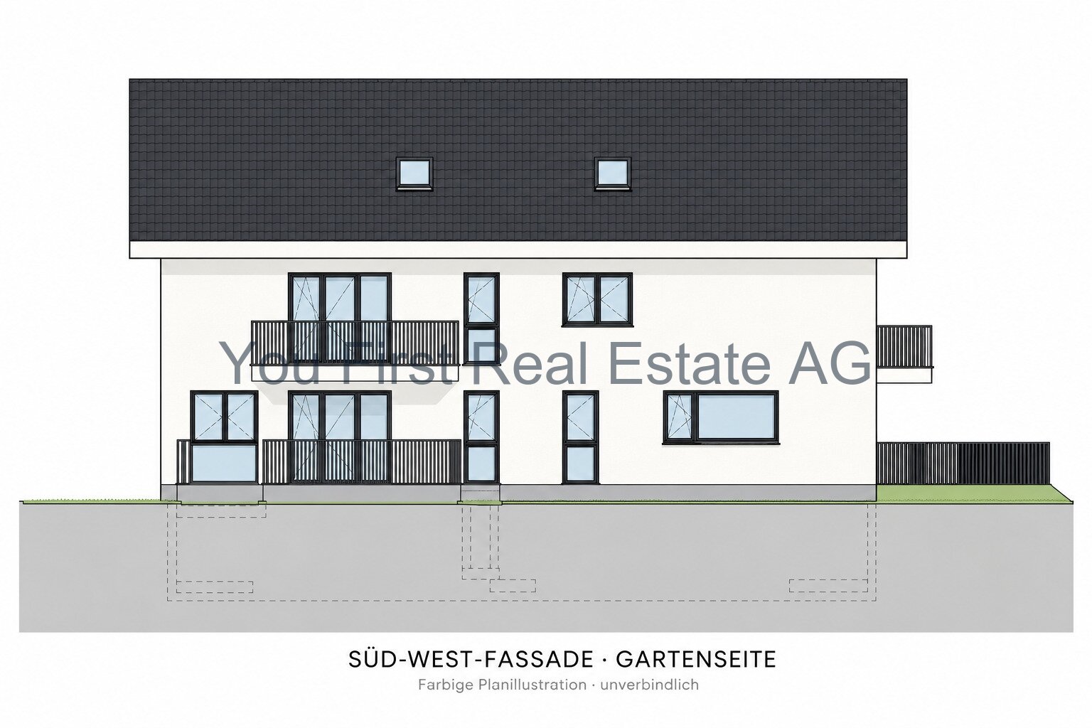 Gartenansicht mit durchgehender Terrassenzone und großflächiger Verglasung
