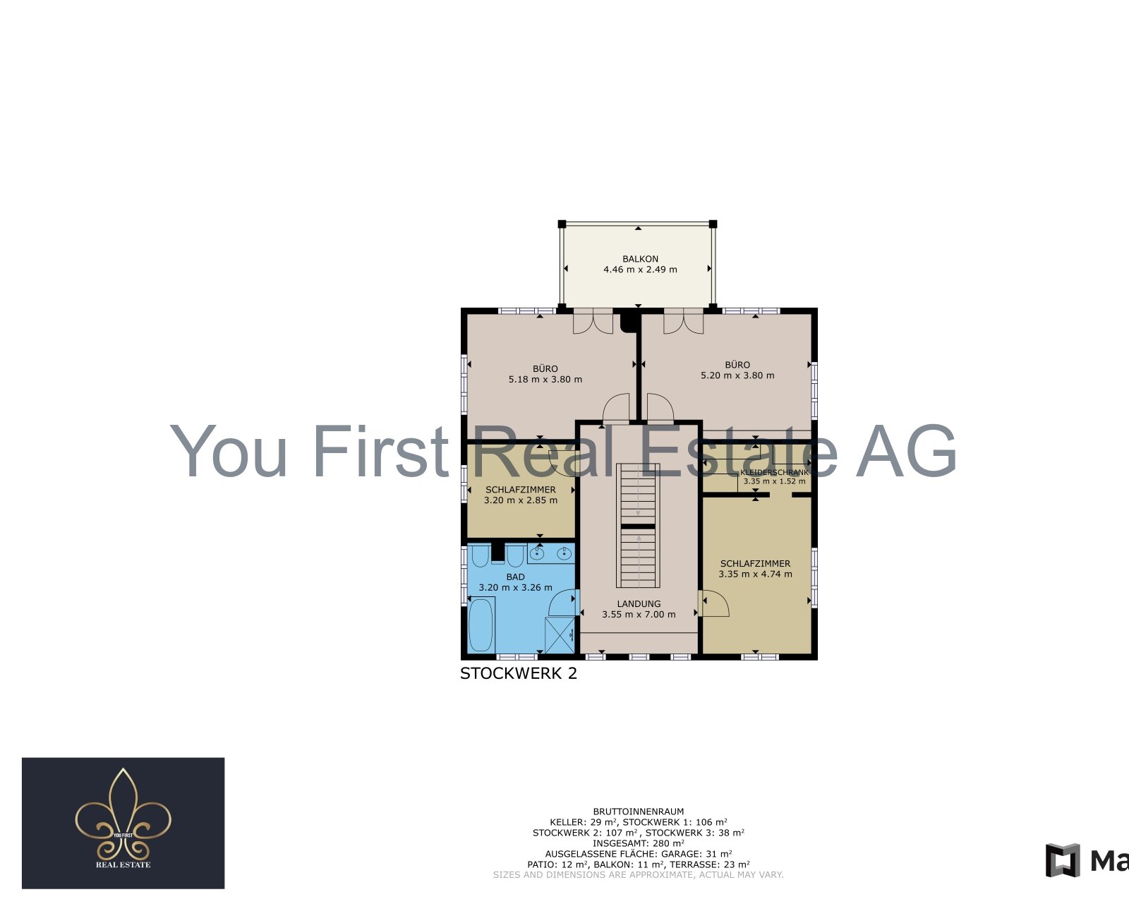 Durchdachte Grundriss-Architektur: Zwei Büros, zwei Schlafzimmer und Balkon optimal verteilt