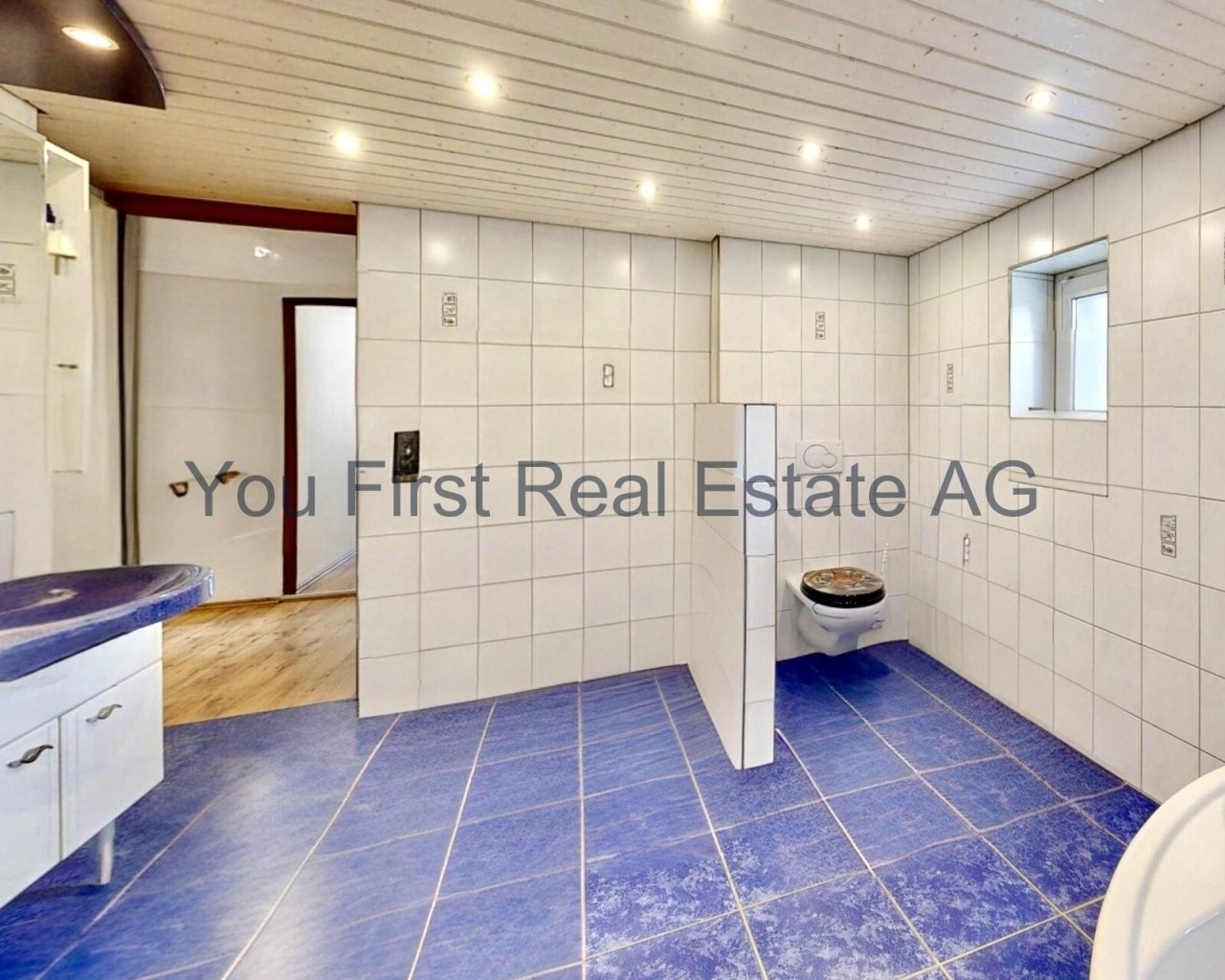 Funktionales Badezimmer mit separaten Toilettenbereichen und LED-Deckenbeleuchtung