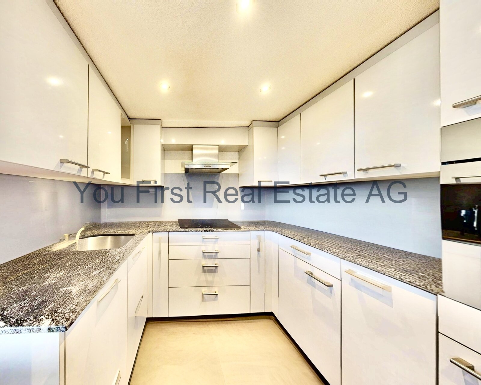 Moderne Einbauküche mit Granit-Arbeitsplatte und integrierter Technik