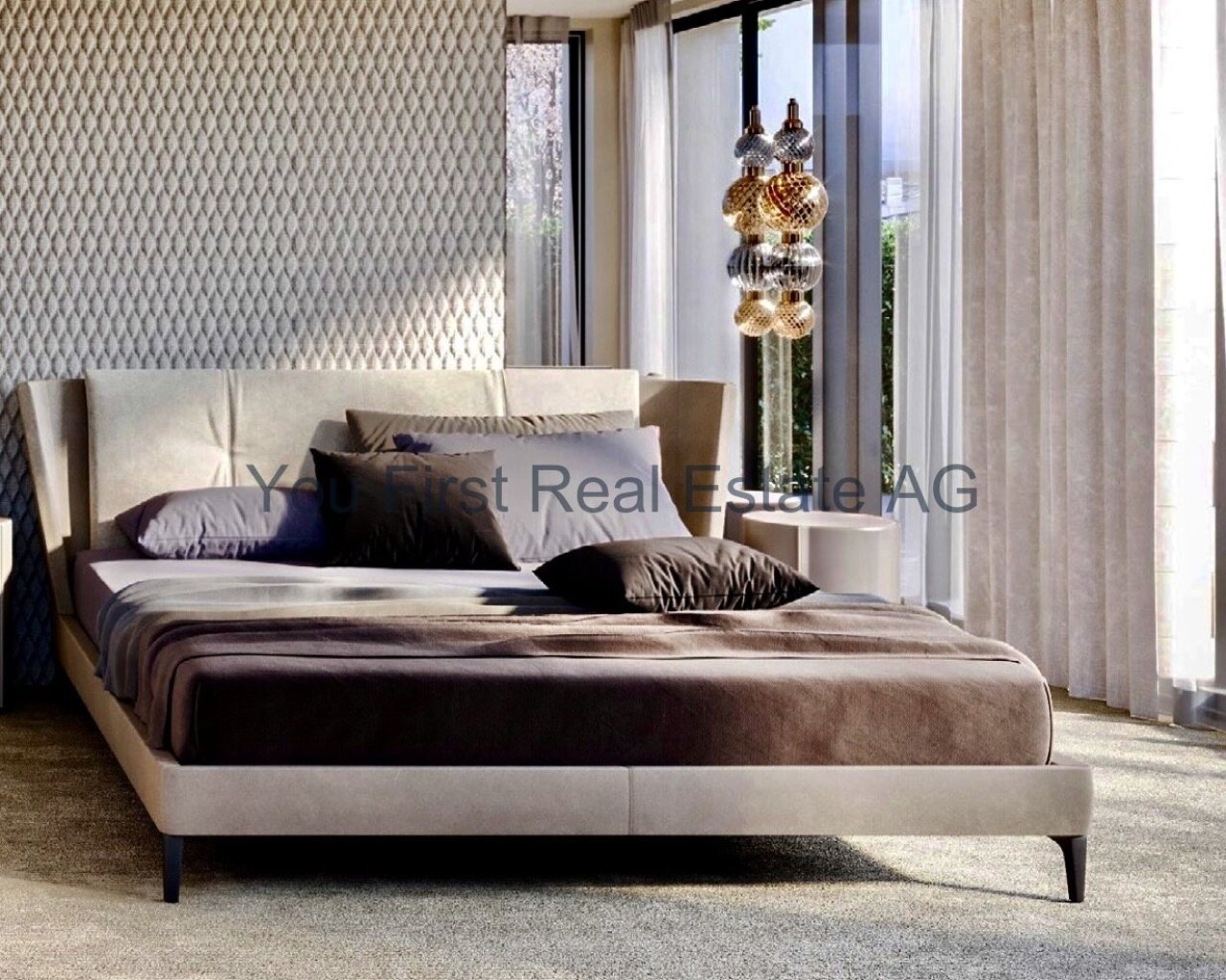 Lichtdurchflutete Schlafzimmer-Oase mit eleganter Wandgestaltung und bodentiefen Fenstern