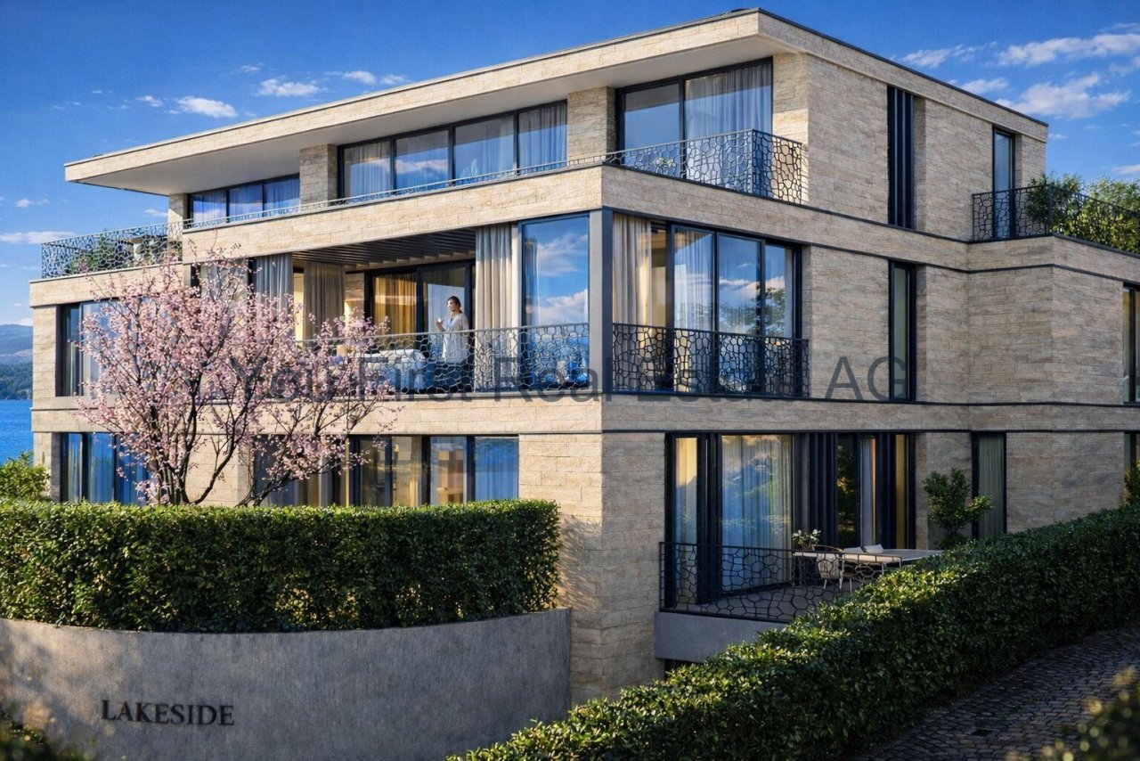 Exklusive Seesicht: Moderne Architektur mit Naturstein und Panoramafenstern im Lakeside Residenz-Ensemble