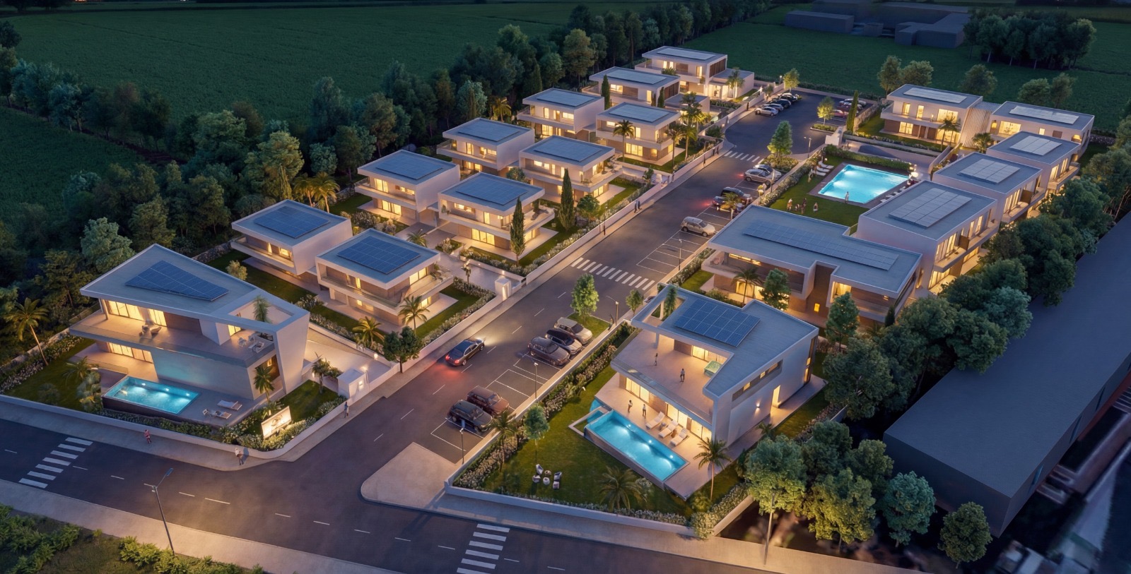 Gesamtansicht der Projektvisualisierung Castelnuovo del Garda mit Villenanlage und Gemeinschaftspool