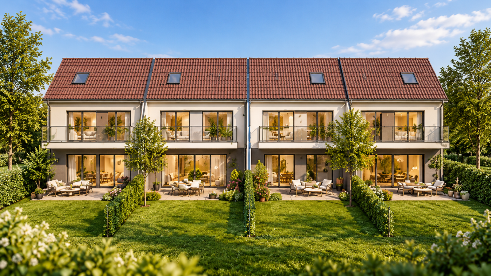 KI-bearbeitete Gartenansicht von vier Reihenhäusern nach der Konzeptstudie für Metzerlen, unverbindlich